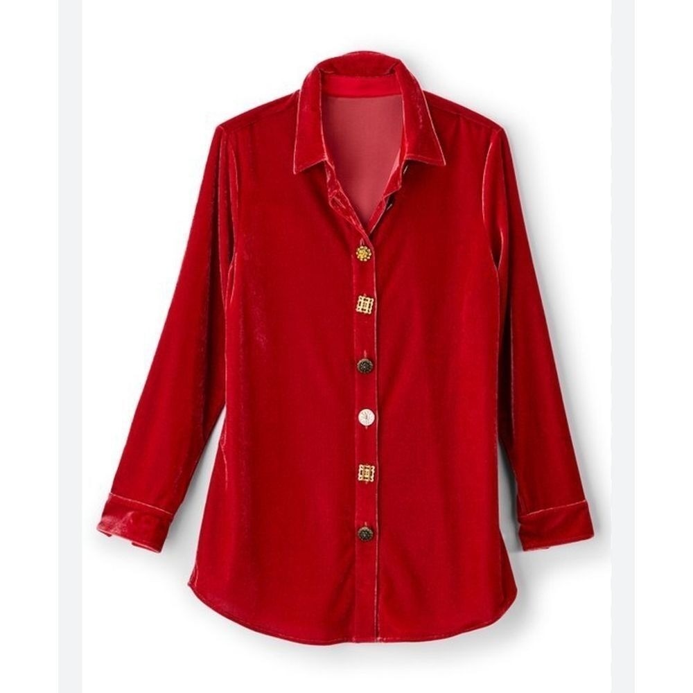 Women's Soft Surroundings Filigree Velvet Boyfriend Button Down Shirt M Red - Picture 3 of 8